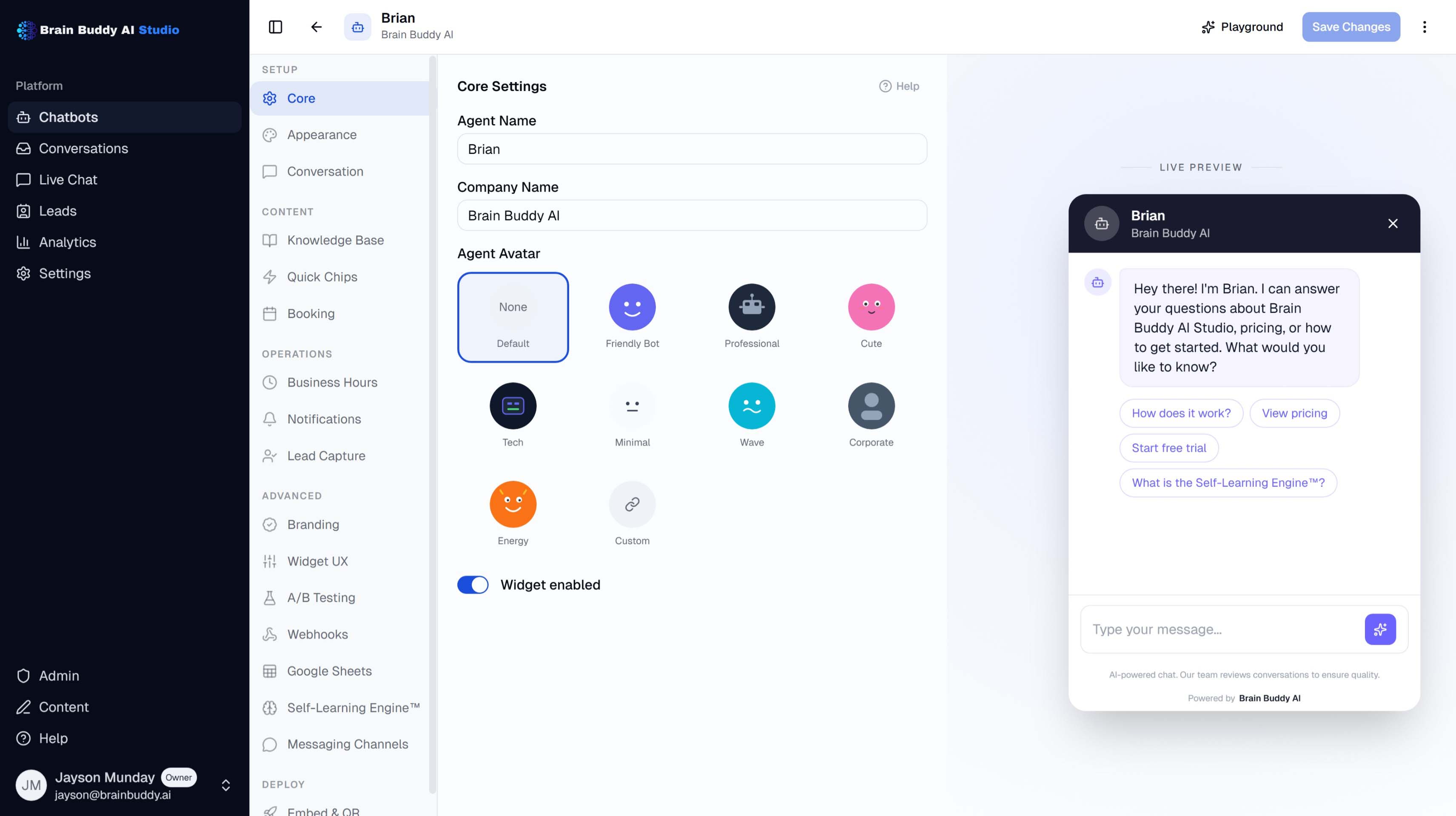 Brain Buddy AI Studio Dashboard showing AI agent management, conversation analytics, and lead tracking