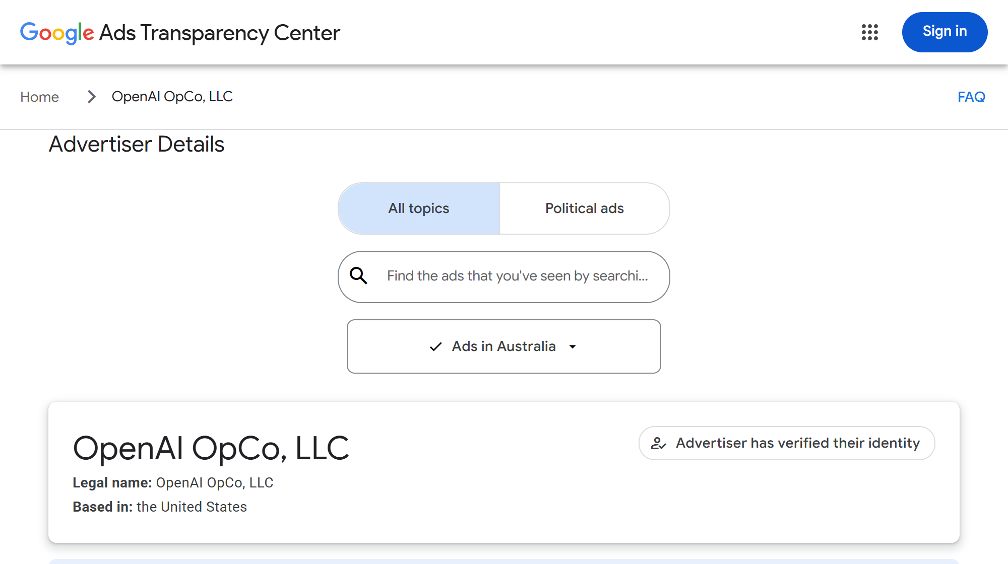 Google Ads Transparency Center advertiser page for OpenAI OpCo, LLC with the "Ads in Australia" filter selected. It shows the legal name OpenAI OpCo, LLC, based in the United States, and a badge reading "Advertiser has verified their identity".